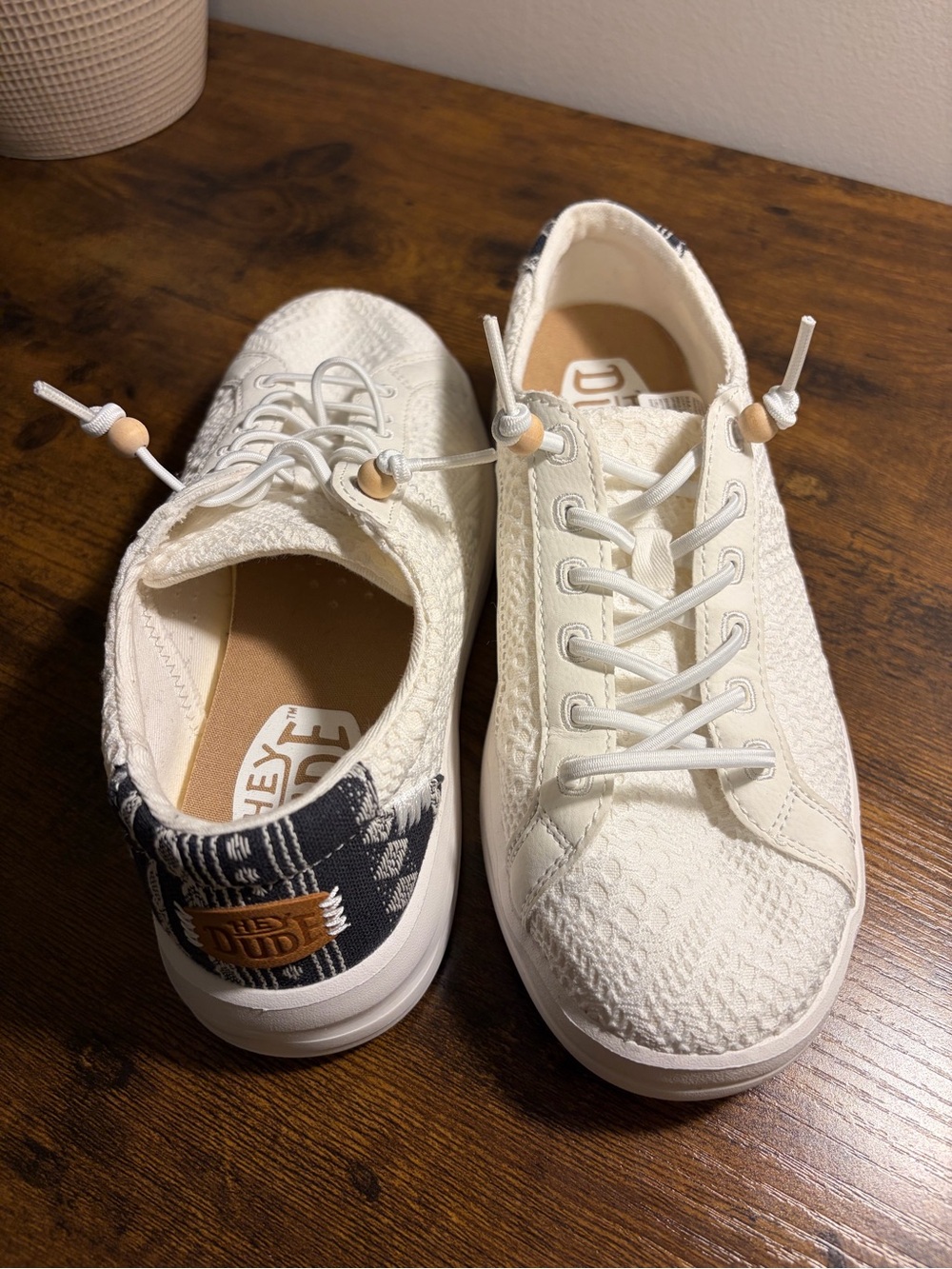 HEYDUDE Women's Karina Boho Crochet sneakers White Tribal Western Women’s 6